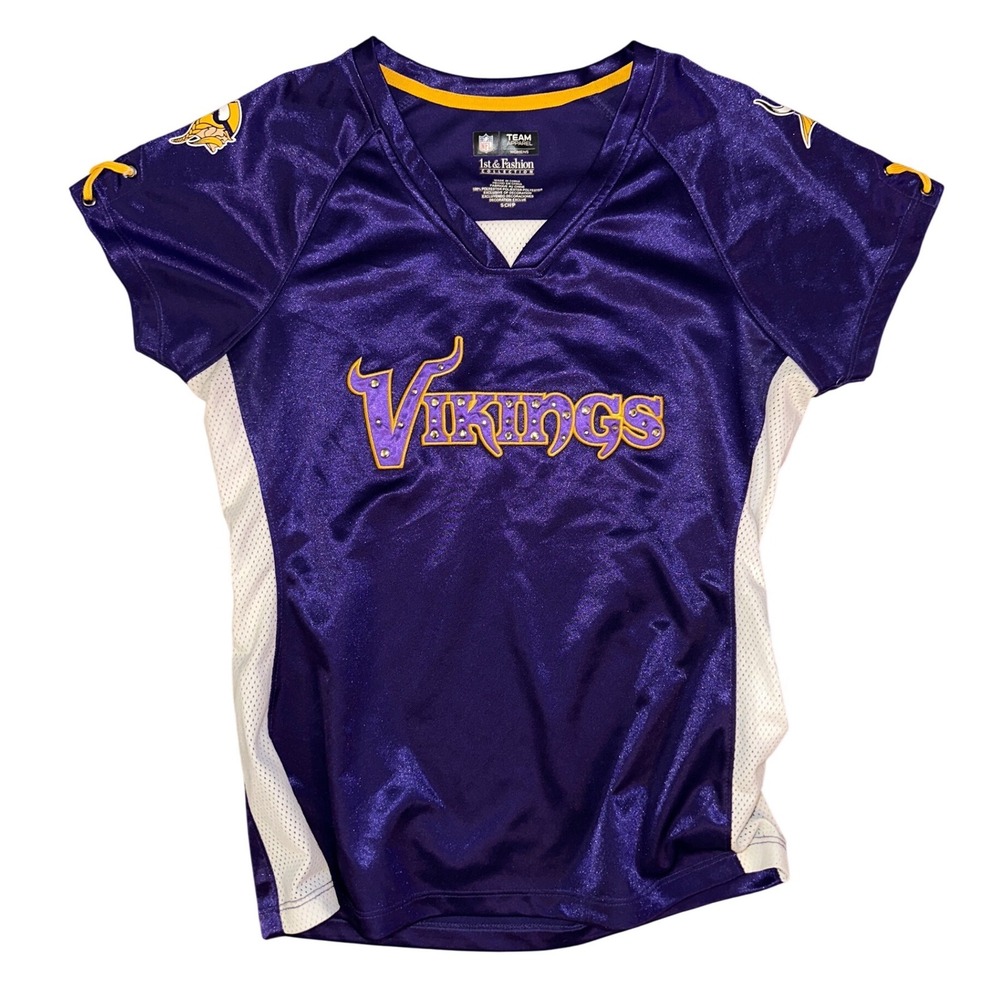 NFL Team Apparel Minnesota Vikings Womens Jersey Purple V-Neck Rhinestone Small